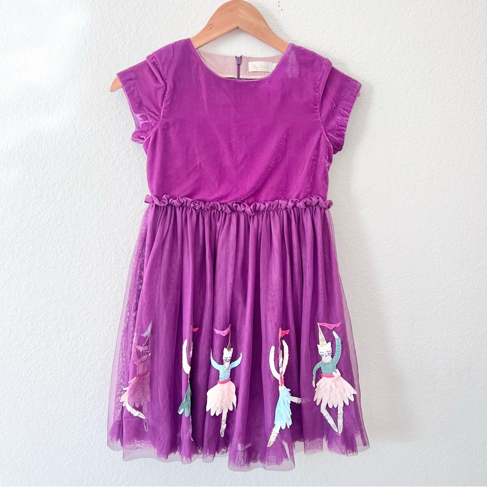 Mini Boden Purple Velvet Tulle Dancing Ballerina Cat Dress Sz 9-10